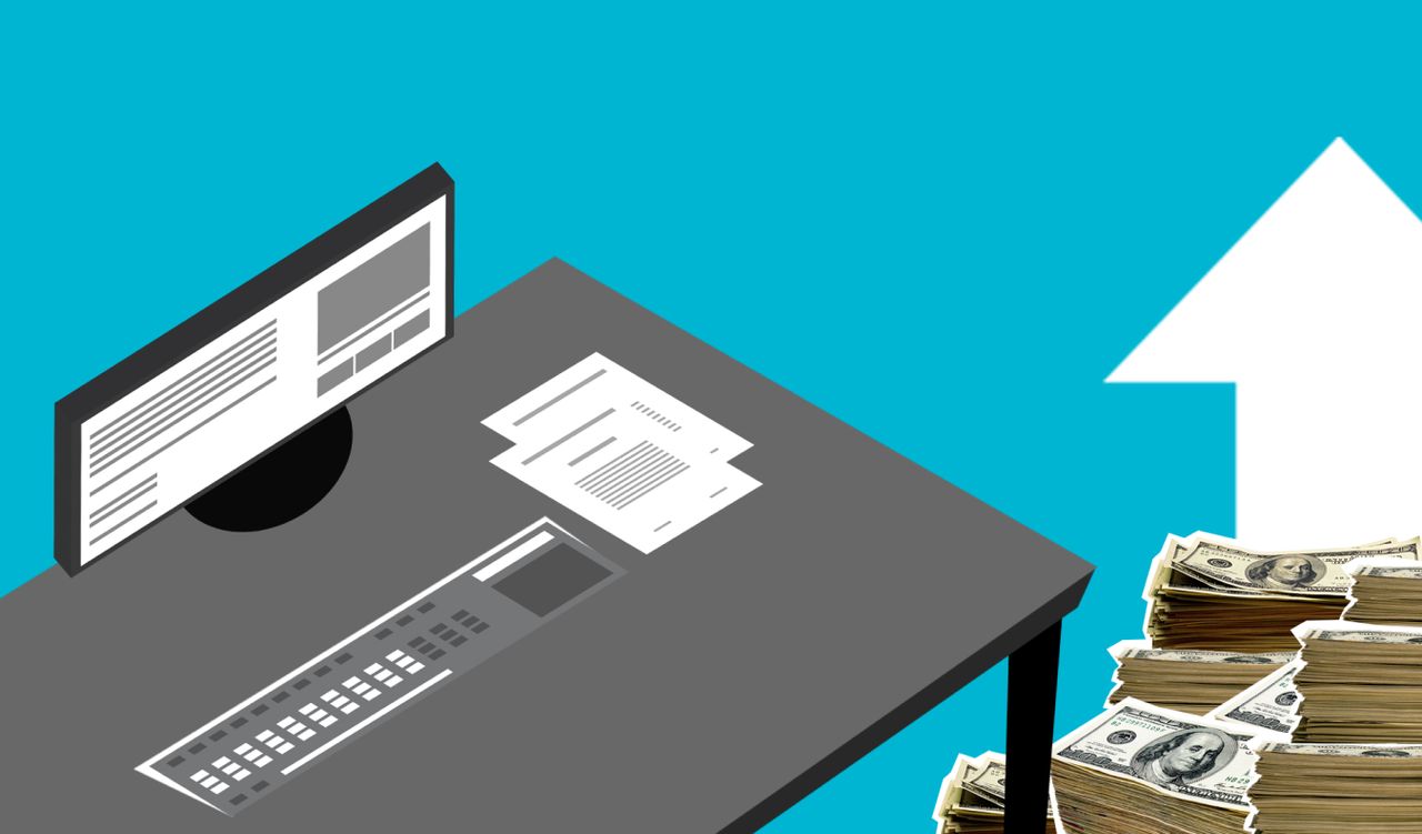 Illustration of modern computer and documents with cash and arrow up showing increase of incomes against blue background